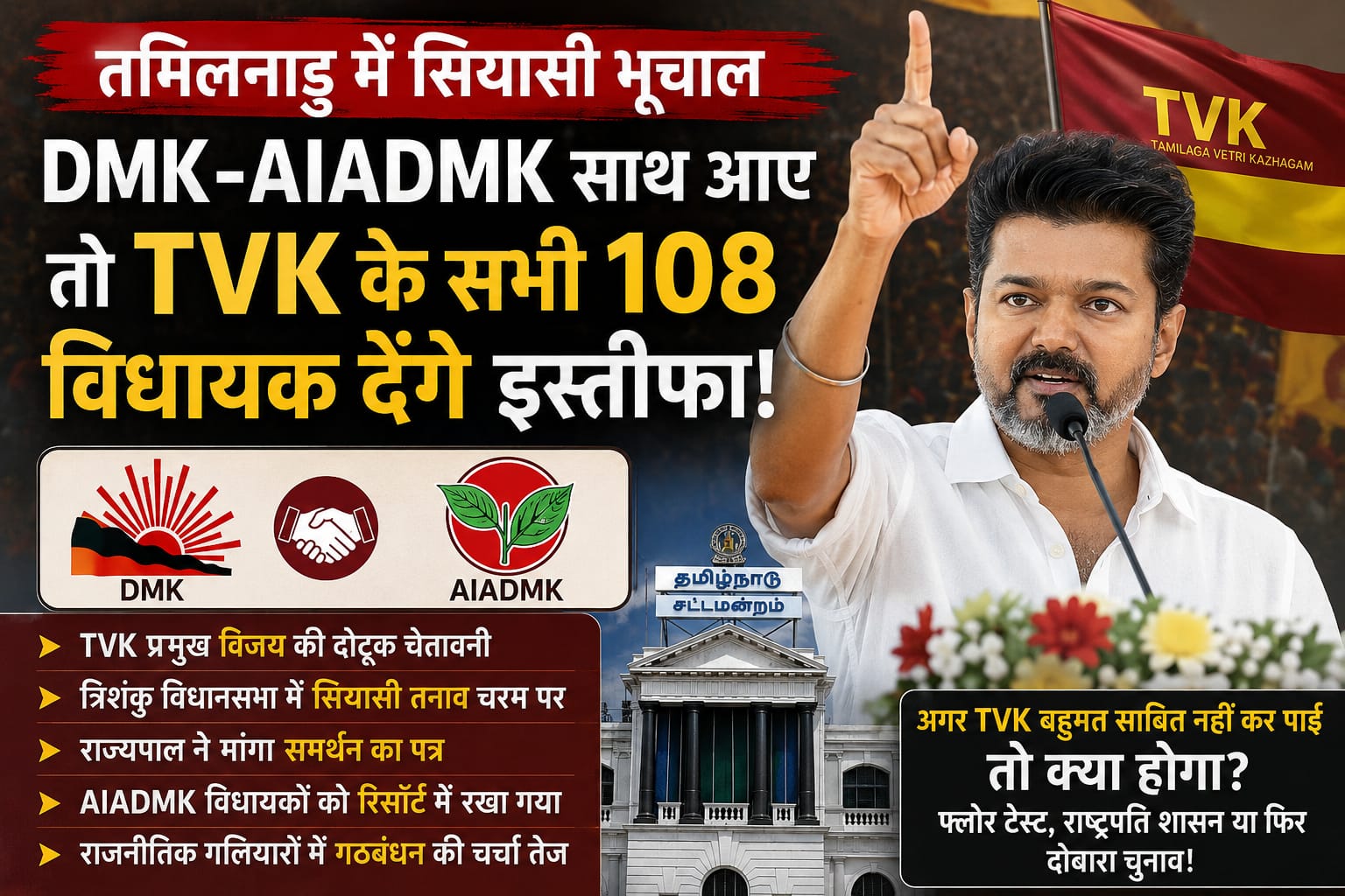 तमिलनाडु में सियासी भूचाल: DMK-AIADMK साथ आए तो TVK के 108 विधायक देंगे इस्तीफा